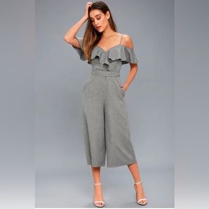 Lulus gray striped off the shoulder, midi jumpsuit